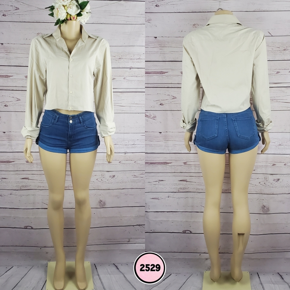 Small Beige Short Sleeve Button Front Crop Top Casual Summer Shirt - Picture 1 of 7